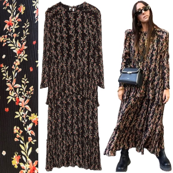 Zara Black Floral Pleated Ruffle Midi Maxi Dress Bloggers Fave Bohemian Crinkle - Picture 1 of 17